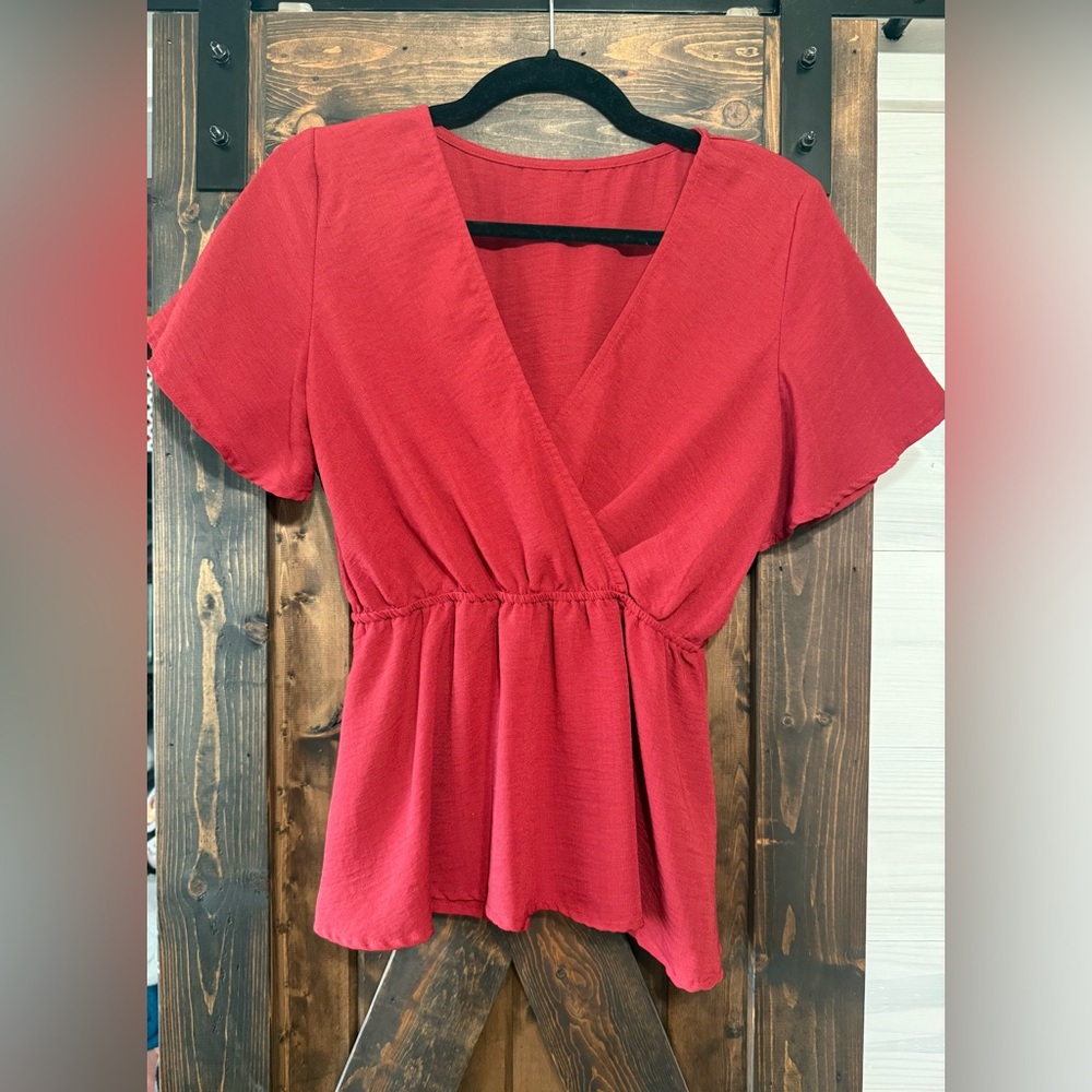 Red Peplum Low-Cut Blouse